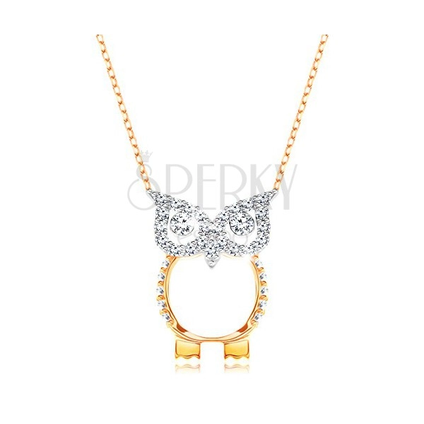Zlatý 9K náhrdelník - řetízek z oválných oček, sova zdobená čirými zirkonky