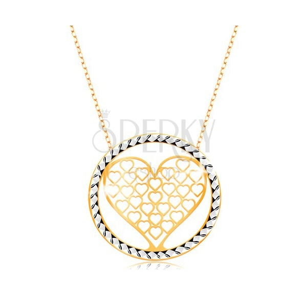 Zlatý náhrdelník 375 - řetízek z oválných oček, vyřezávané srdce v kruhu