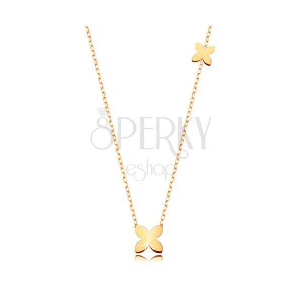Zlatý 9K náhrdelník - tenký řetízek, dva jednoduché lesklé kvítky