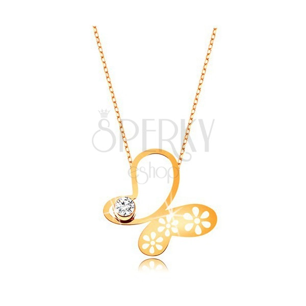 Náhrdelník ve žlutém 9K zlatě - asymetrický motýl s kvítky, jemný řetízek