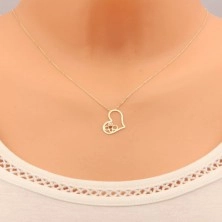 Zlatý 9K náhrdelník - tenký řetízek, kontura srdce s kruhy a čirým zirkonem