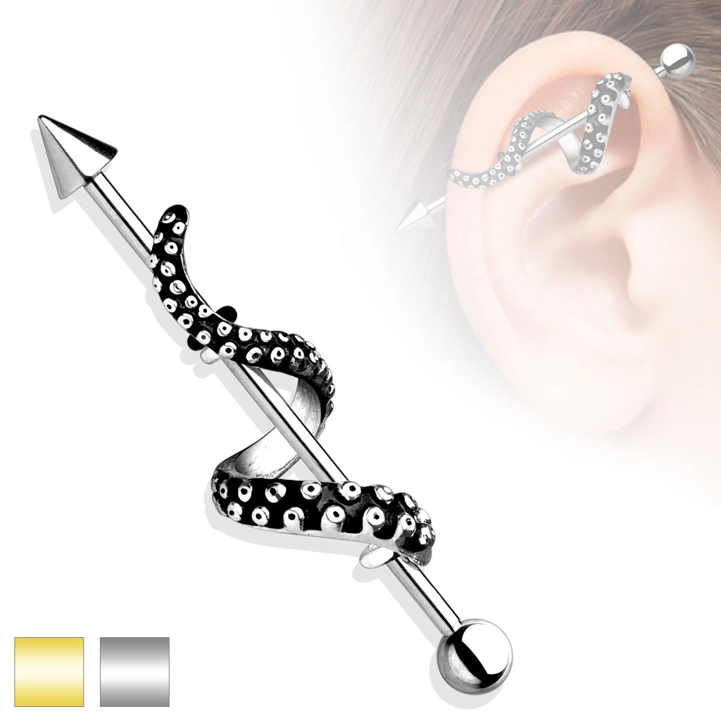 Piercing do ucha z oceli 316L - činka s kuličkou a hrotem, rameno chobotnice - Barva piercing: Zlatá