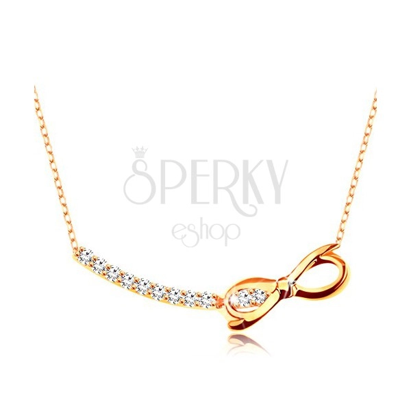 Zlatý náhrdelník 375 - řetízek z oválných oček, zirkonový oblouk a lesklá mašlička