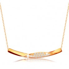 Zlatý 9K náhrdelník - řetízek z oválných oček, lesklá zahnutá linie se zirkonky