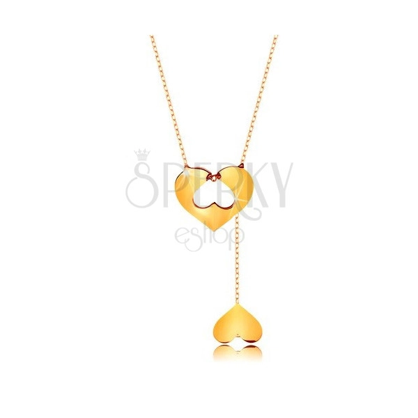 Náhrdelník v 9K zlatě - jemný řetízek, srdce s výřezem a visící obrácené srdíčko