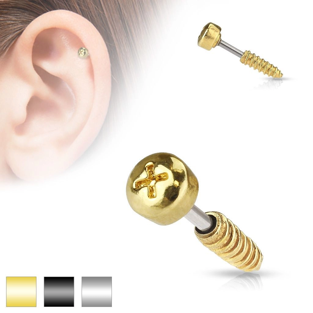 Ocelový piercing do tragu ucha - imitace šroubu, různé barvy - Barva piercing: Zlatá