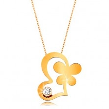 Zlatý 9K náhrdelník - řetízek z oválných oček, kontura srdce, motýl a čirý zirkon