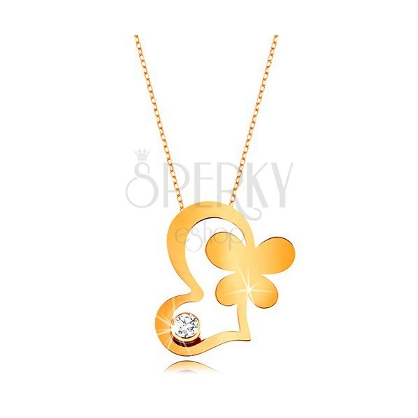 Zlatý 9K náhrdelník - řetízek z oválných oček, kontura srdce, motýl a čirý zirkon