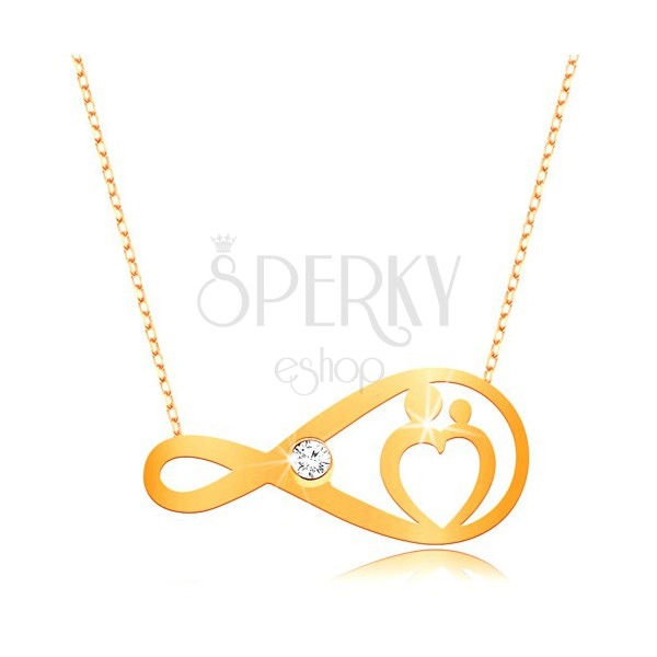 Zlatý náhrdelník 375 - jemný řetízek, symbol nekonečna s čirým zirkonem a srdcem