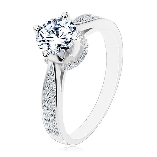 Stříbrný 925 prsten, blýskavý kulatý zirkon, zdobený kotlík a ramena - Velikost: 48