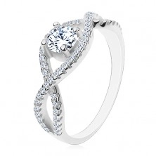 Stříbrný prsten 925, propletené zirkonové linie, kulatý broušený zirkon
