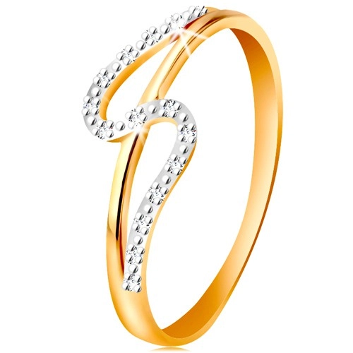 Diamantový prsten ze 14K zlata, rovné a zvlněné rameno, drobné čiré diamanty - Velikost: 58