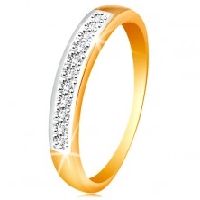 Zlatý 14K prsten - blýskavý pás z čirých zirkonů s lemem z bílého zlata