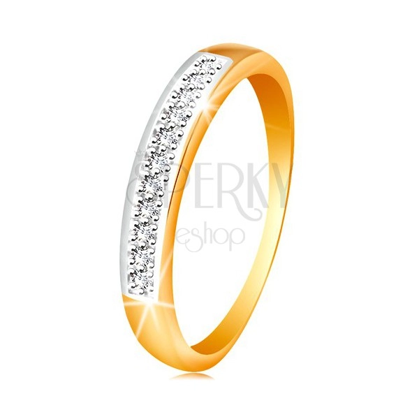 Zlatý 14K prsten - blýskavý pás z čirých zirkonů s lemem z bílého zlata