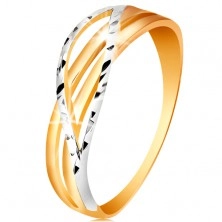 Dvoubarevný prsten ze 14K zlata - rozvětvené a zvlněné linie ramen, zářezy