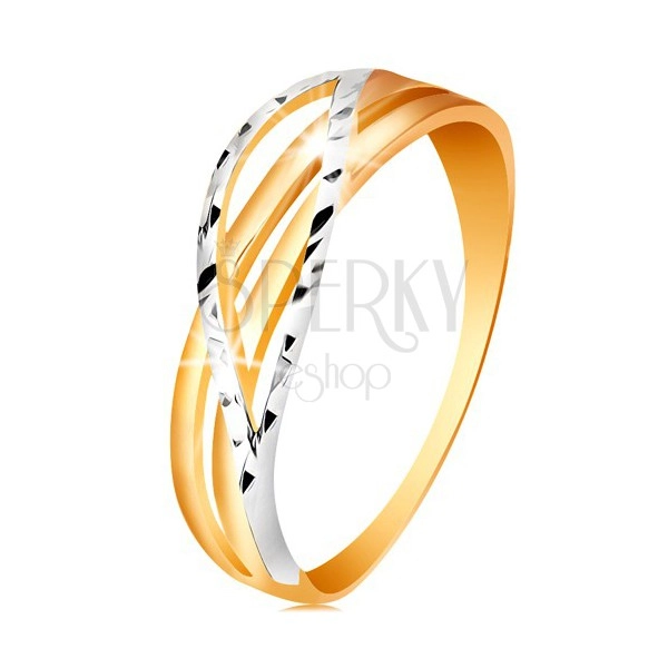 Dvoubarevný prsten ze 14K zlata - rozvětvené a zvlněné linie ramen, zářezy