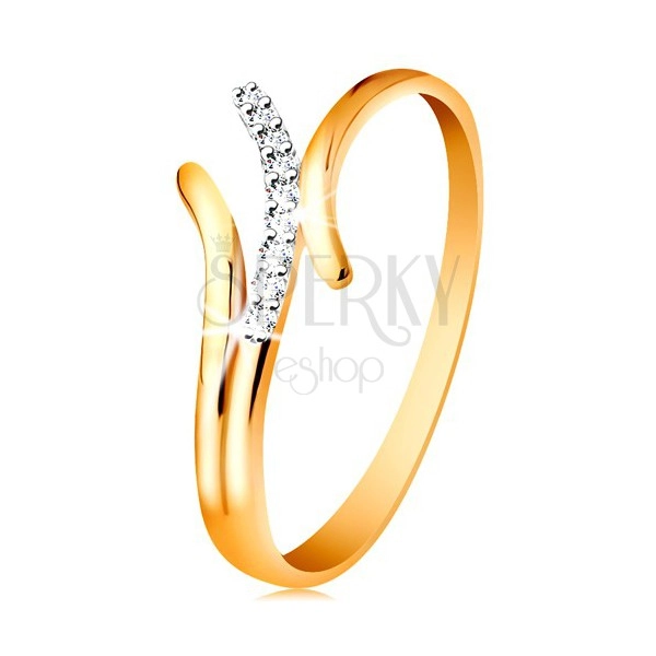 Prsten ve 14K zlatě, zvlněné dvoubarevné linie ramen, vsazené čiré zirkonky