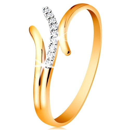 Prsten ve 14K zlatě, zvlněné dvoubarevné linie ramen, vsazené čiré zirkonky - Velikost: 58