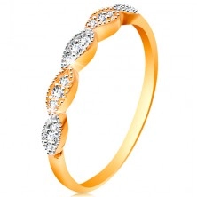 Prsten ve 14K zlatě - dvoubarevná zrnka se vsazenými zirkonky, lesklá ramena