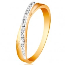 Prsten ze 14K zlata - překřížená hladká a třpytivá linie z čirých zirkonků