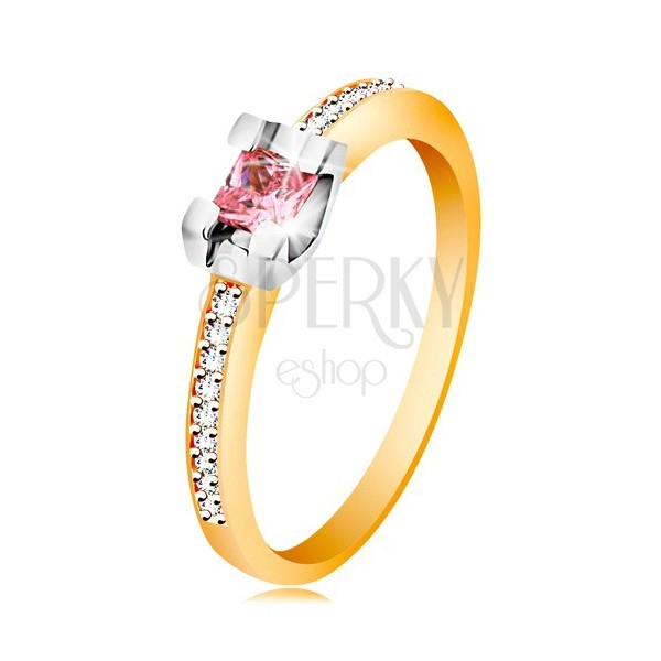 Zlatý 14K prsten - třpytivá ramena, kulatý růžový zirkon v kotlíku z bílého zlata