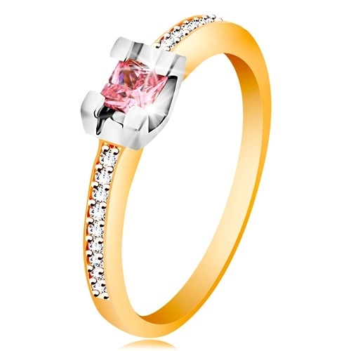 Zlatý 14K prsten - třpytivá ramena, kulatý růžový zirkon v kotlíku z bílého zlata - Velikost: 54