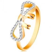 Prsten ze 14K zlata - zirkony a bílým zlatem zdobená mašlička, úzká ramena