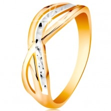 Dvoubarevný prsten ve 14K zlatě - zvlněné a rozvětvené linie ramen, rýhy