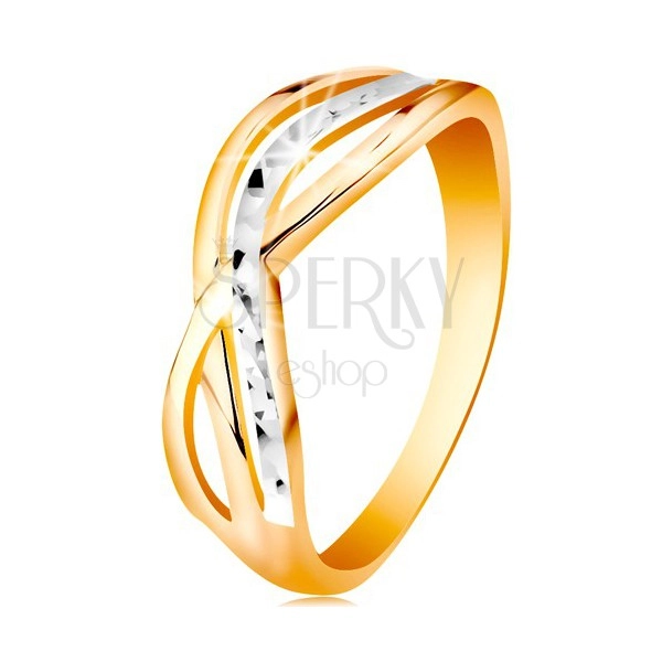 Dvoubarevný prsten ve 14K zlatě - zvlněné a rozvětvené linie ramen, rýhy