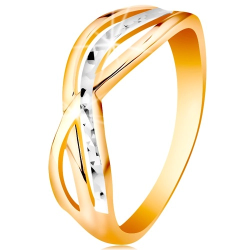Dvoubarevný prsten ve 14K zlatě - zvlněné a rozvětvené linie ramen, rýhy - Velikost: 52