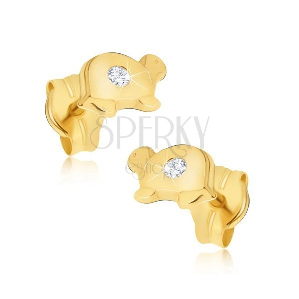 Zlaté náušnice 585 - malé lesklé želvy s čirým briliantem na krunýři