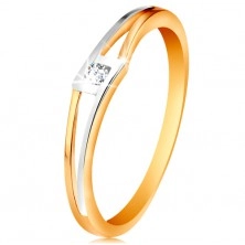 Prsten ze 14K zlata - kulatý čirý zirkon v kosočtverci, dvoubarevná rozdělená ramena