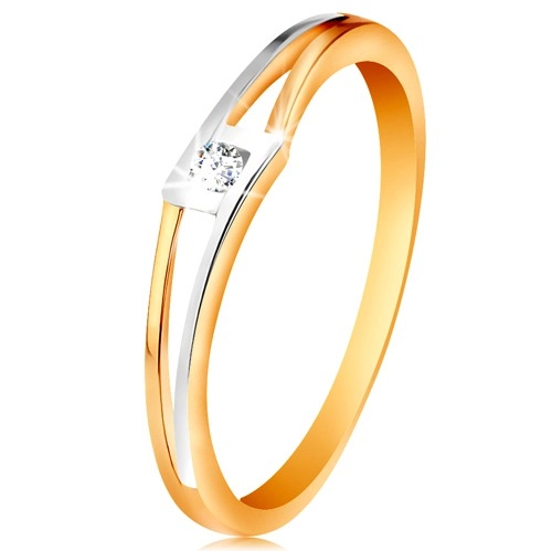 Prsten ze 14K zlata - kulatý čirý zirkon v kosočtverci, dvoubarevná rozdělená ramena - Velikost: 60