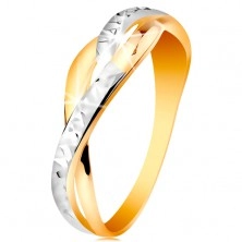Dvoubarevný prsten ve 14K zlatě - rozdělené a zvlněné linie ramen, blýskavé zářezy