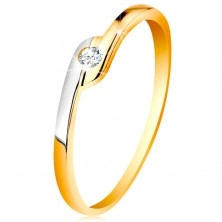 Prsten ze 14K zlata - kulatý čirý zirkon, dvoubarevné prodloužené konce ramen