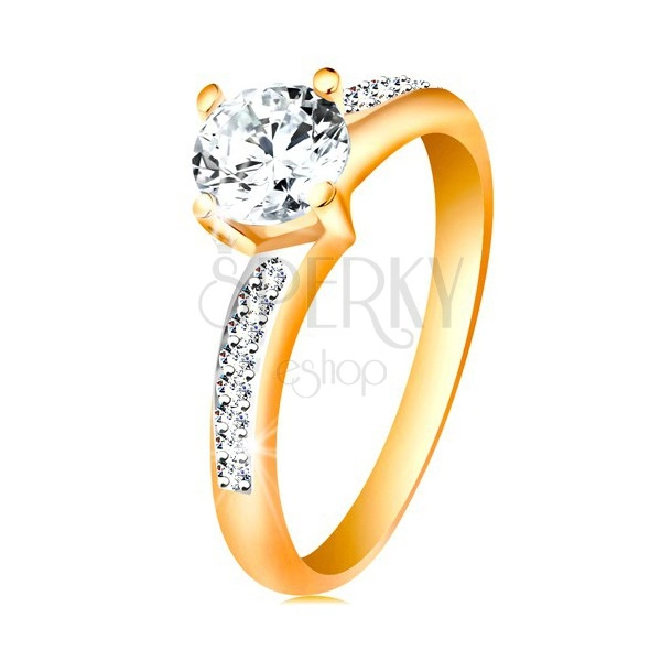 Prsten ve 14K zlatě - zářivý kulatý zirkon čiré barvy, zirkonová ramena