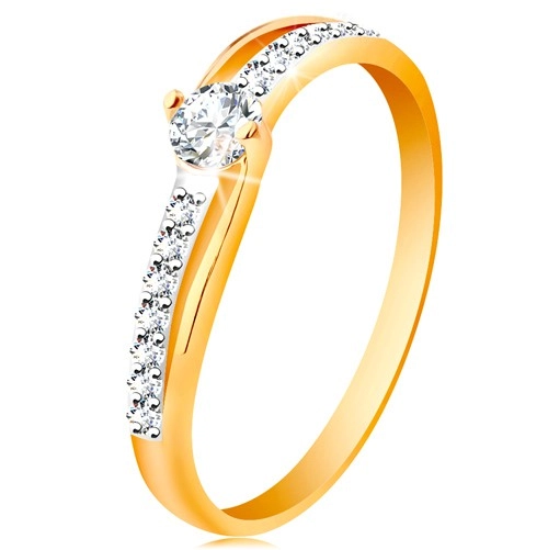 Zlatý prsten 585 s rozdělenými dvoubarevnými rameny, čiré zirkony - Velikost: 52