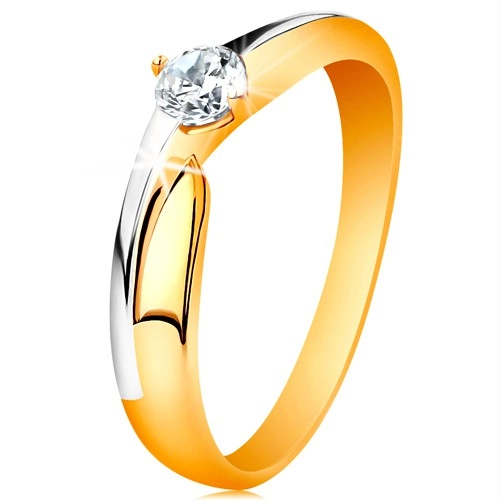 Prsten ze 14K zlata - dvoubarevná ramena, blýskavý zirkon čiré barvy - Velikost: 52