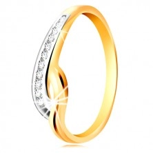 Prsten ve 14K zlatě - dvoubarevná zvlněná ramena, linie čirých zirkonů a zářez