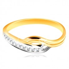 Prsten ve 14K zlatě - dvoubarevná zvlněná ramena, linie čirých zirkonů a zářez