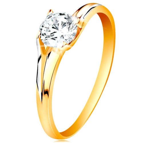 Prsten ve 14K zlatě - třpytivý čirý zirkon v lesklém vyvýšeném kotlíku - Velikost: 58