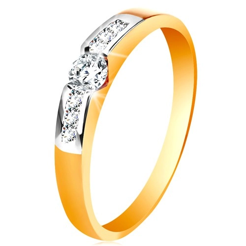 Zlatý prsten 585 - kulatý čirý zirkon uprostřed, pásy zirkonů po stranách - Velikost: 51
