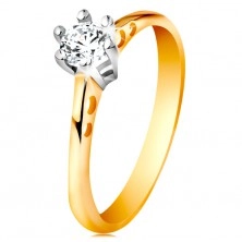 Zlatý 14K prsten - kulaté výřezy na ramenech, čirý zirkon v kotlíku z bílého zlata