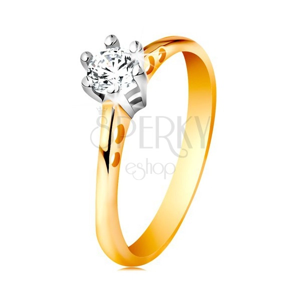 Zlatý 14K prsten - kulaté výřezy na ramenech, čirý zirkon v kotlíku z bílého zlata