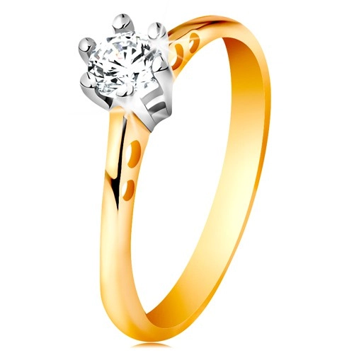 Zlatý 14K prsten - kulaté výřezy na ramenech, čirý zirkon v kotlíku z bílého zlata - Velikost: 51