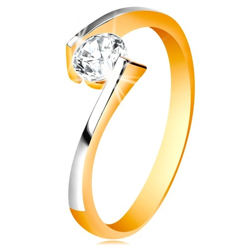 Prsten ze 14K zlata - čirý zirkon mezi zúženými a zahnutými konci ramen - Velikost: 55