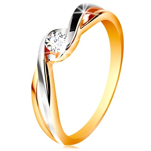 Zlatý prsten 585 - dvoubarevná, rozdělená a zvlněná ramena, čirý zirkon - Velikost: 52
