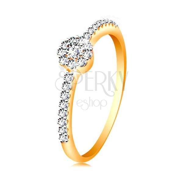 Prsten ve 14K zlatě - zářivý kvítek z čirých zirkonů, zdobená ramena