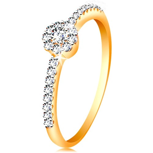 Prsten ve 14K zlatě - zářivý kvítek z čirých zirkonů, zdobená ramena - Velikost: 53