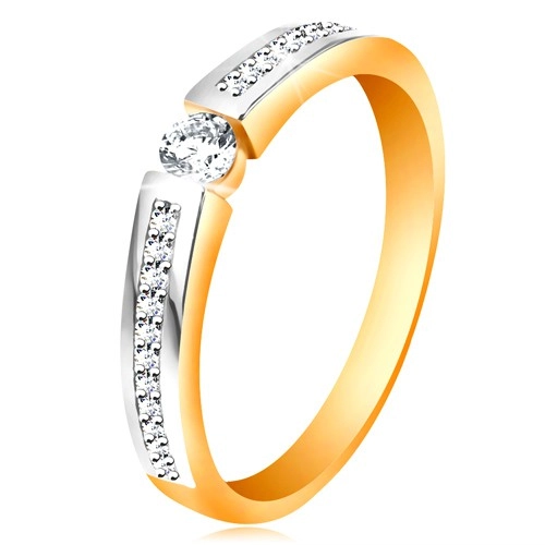 Zlatý 14K prsten s lesklými dvoubarevnými rameny, čiré zirkony - Velikost: 53
